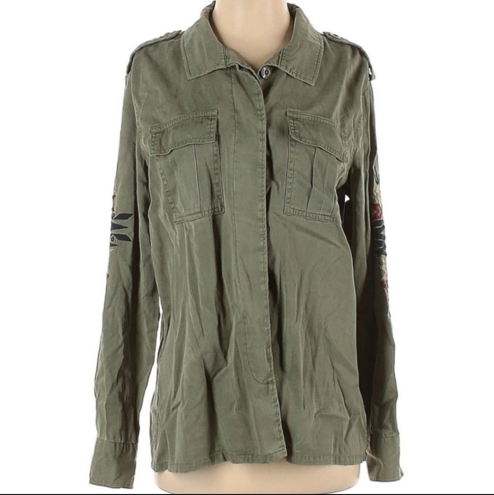 Saks Fifth Avenue Olive Green Aztec Embroidered Tencel Button Down Shirt S